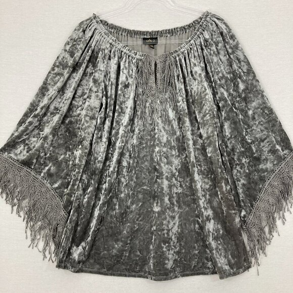 Melissa Paige Tops - Melissa Paige Gray Velvet Fringe Boho Stretch Blouse Large Festival Gypsy